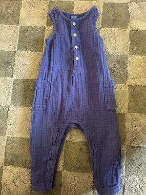 Kids navy Cotton Gauze Romper - Sleeveless Pocket Jumpsuit
